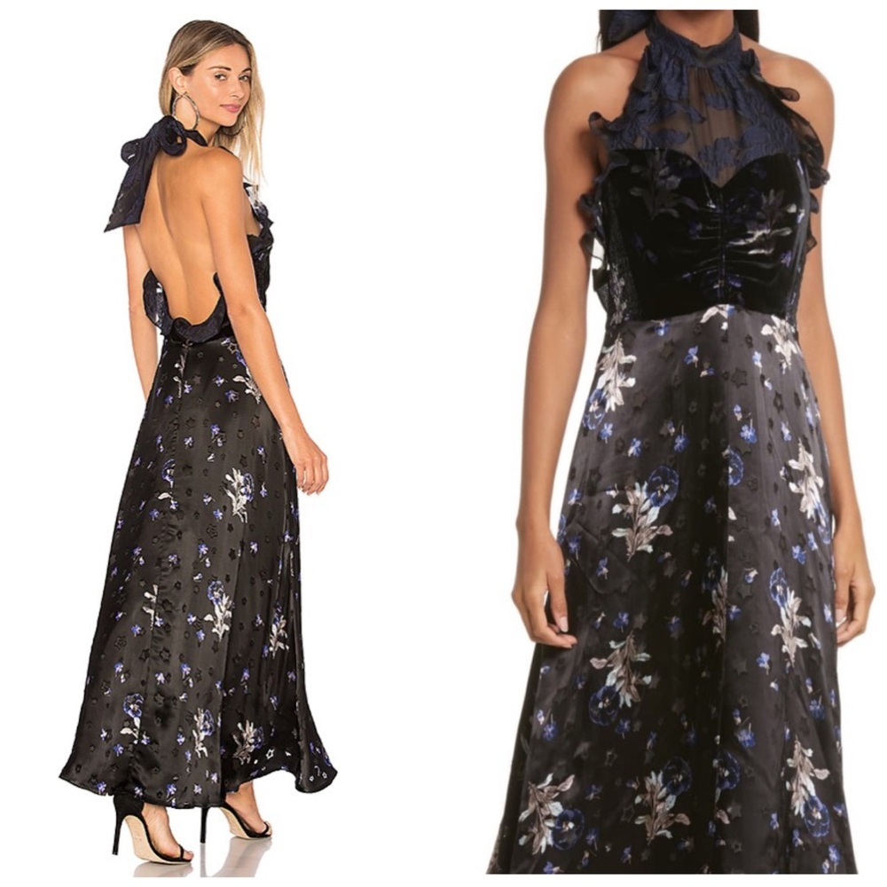 Rebecca Taylor Violet Dress Midi Halter Open Back Floral Silk Star Velvet Sz 10 - Picture 2 of 10